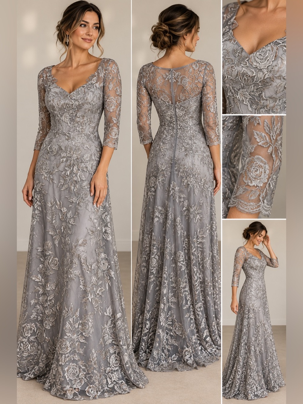 La Femme Silver-Gray Embroidered Lace Evening Gown